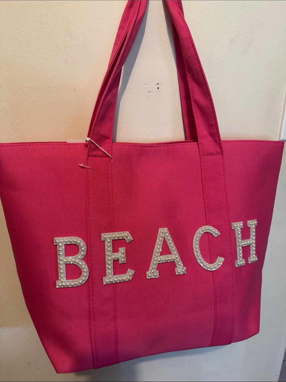 Bright Pink Rhinestone 'BEACH' Canvas Tote - Picture 3 of 10